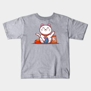 Cute Lucky Cat With Yarn Ball And Food Cartoon Vector Icon Illustration Kids T-Shirt